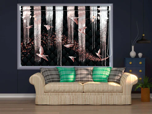 Printed Blackout Roller Blinds for Window Gold Fringe Foil With Birds